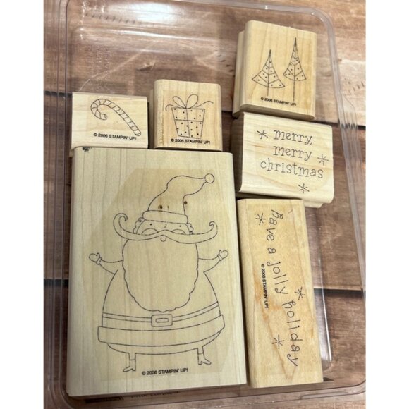 Stampin Up! Jolly Holiday Wood Mounted Rubber Stamp Set of 6 Santa candy cane - Picture 1 of 6